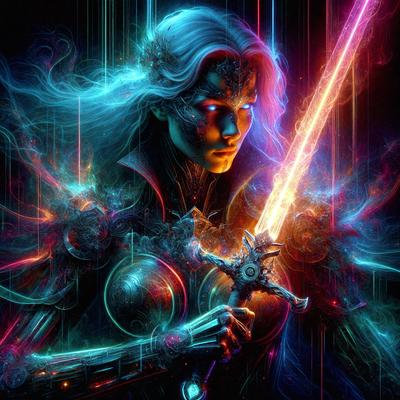 The primary subject of the image is a woman holding a sword. She is wearing a costume and appears to be a warrior. The setting is a dark, colorful environment, possibly a fantasy or sci-fi scene. The visual style is digital art, with the woman and her surroundings depicted in a detailed and vibrant manner. The colors and mood of the image are intense and dramatic, with the woman's costume and the sword creating a sense of power and strength.